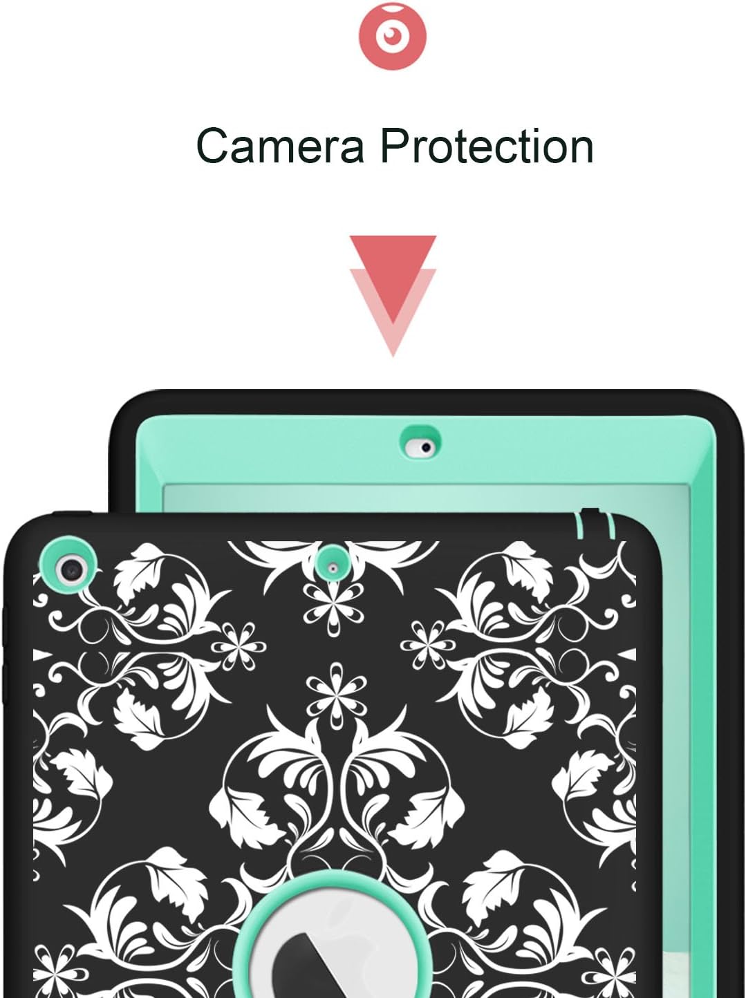 iPad 9.7 2018/2017 Case, iPad A1893/A1954 Case, Hocase Shockproof Dual Layer Hard Shell Rubber Bumper Protective Case with Flower Vine Pattern and Kickstand for iPad 5th/6th Generation - Black/Teal