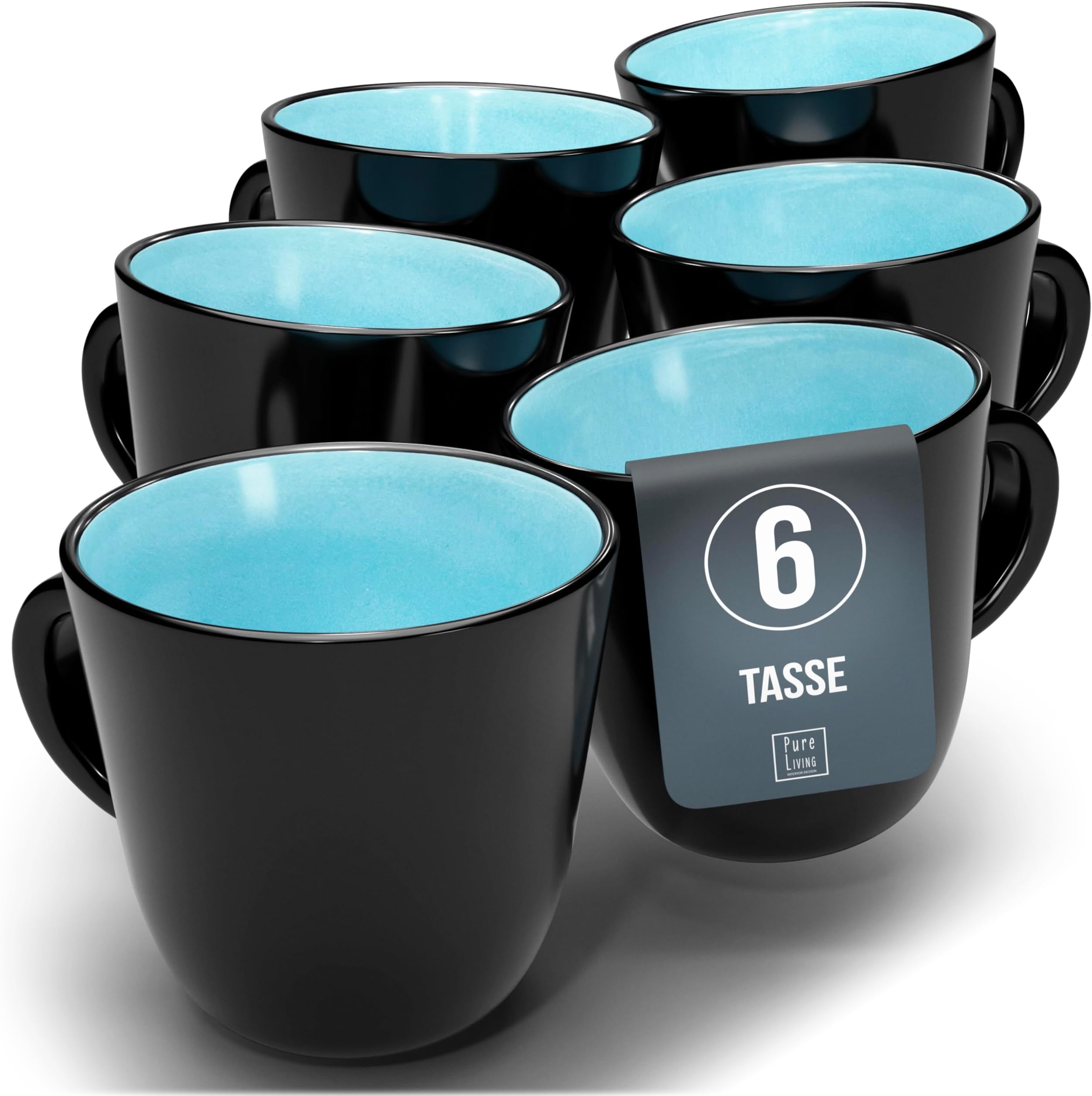PURE LIVING INTERIOR DESIGN Stoneware Coffee Cups for 6 People Ibiza Mediterranean Test Very Good Mug Set, Dishwasher, Microwave and Scratch Resistant - Stylish Tea and Coffee Mug Set - in Aquamarine