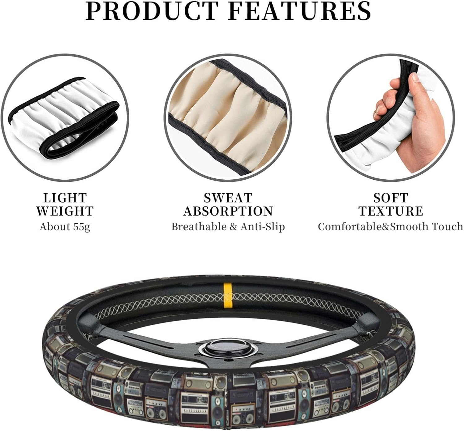 Elastic Car Steering Wheel Cover Universal 15 Inch Stretch Automotive Steering Wheel Protector Cover Anti Slip Neoprene Novelty Vintage Wall of Radio Boombox Cars Interior Accessory for Men Women image 3