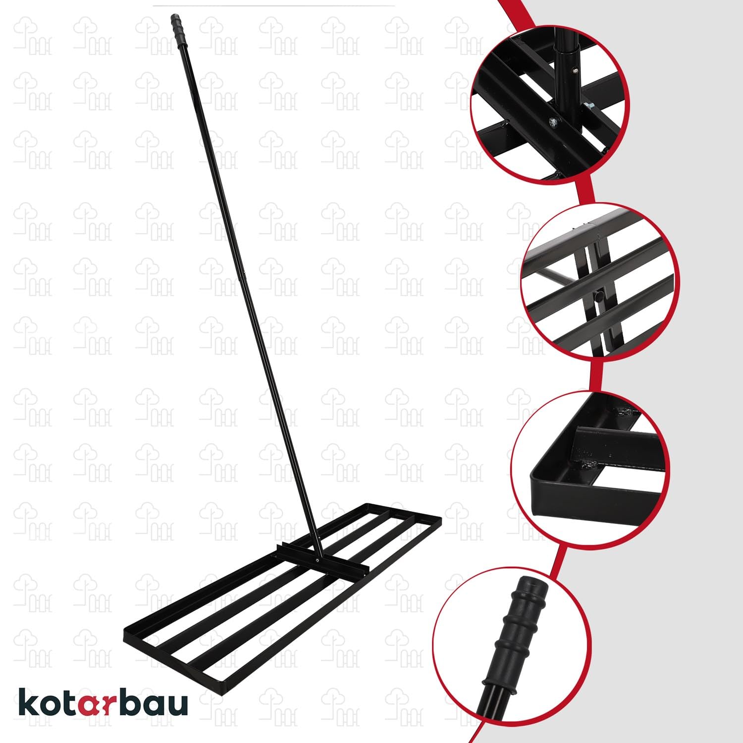 KOTARBAU® Rasenrakel - 120 x 30 cm - Rasen Nivellierrechen - mit Stahlstiel - 180 cm - Gartenwerkzeug zur Rasenpflege - Rasen Rakel - Gartenzubehör - Stahl - Schwarz