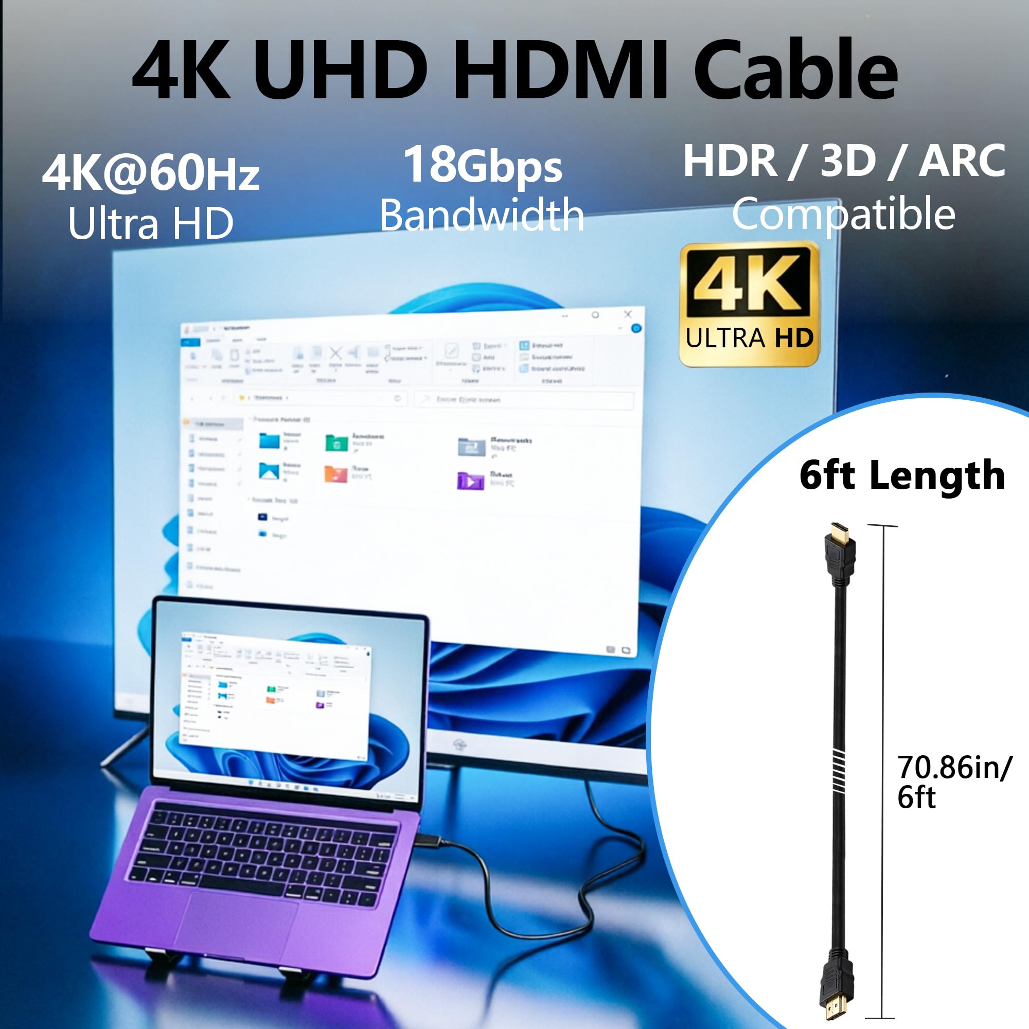 Cavo HDMI ad alta velocità per TV: 1,8 m (confezione da 10) 4K HD HDMI 2.0, 4K @ 60Hz 18Gbps 2160p HDR ARC Premium certificato maschio a maschio cavo per monitor, laptop, computer, PC, PS4