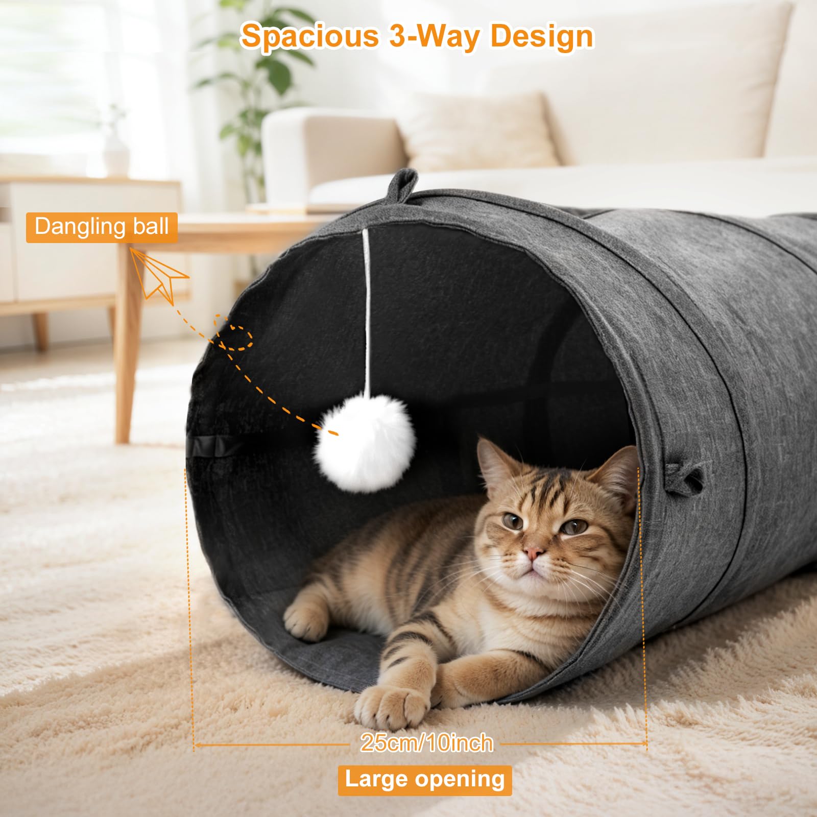 Ownpets Tunnel per gatti, materiale in tessuto con palla e teaser, espandibile e pieghevole, tunnel da gioco per gatti, cuccioli, conigli, grigio
