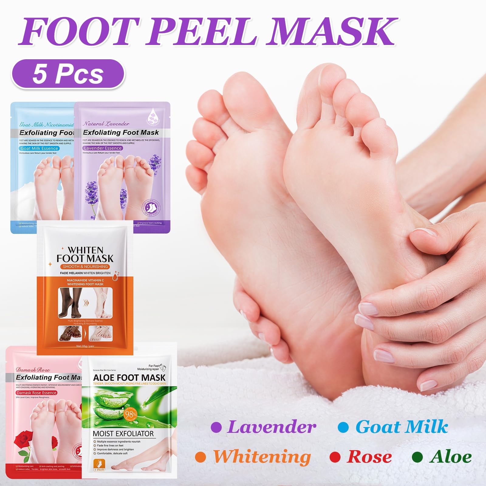 5 Paia Maschera Piedi Esfoliante, Calzini Idratanti per Piedi, Foot Peel Mask per Calli, Pelle Morta e Talloni Screpolati, Lavanda Latte di Capra Rosa Aloe Sbiancamento Foot Mask per Donne e Uomini