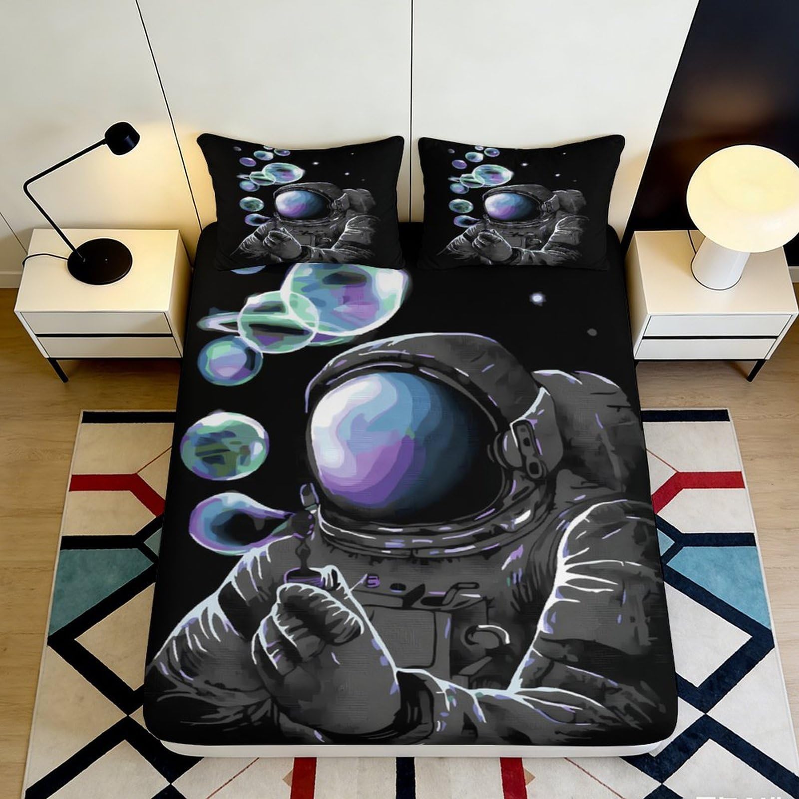 3D Printed Astronaut Galaxy Fitted Sheet Soft Microfiber Elastic Deep Pocket Bedroom Bedding Astronaut Mattress Fitted Cover Washable 180x200x25cm