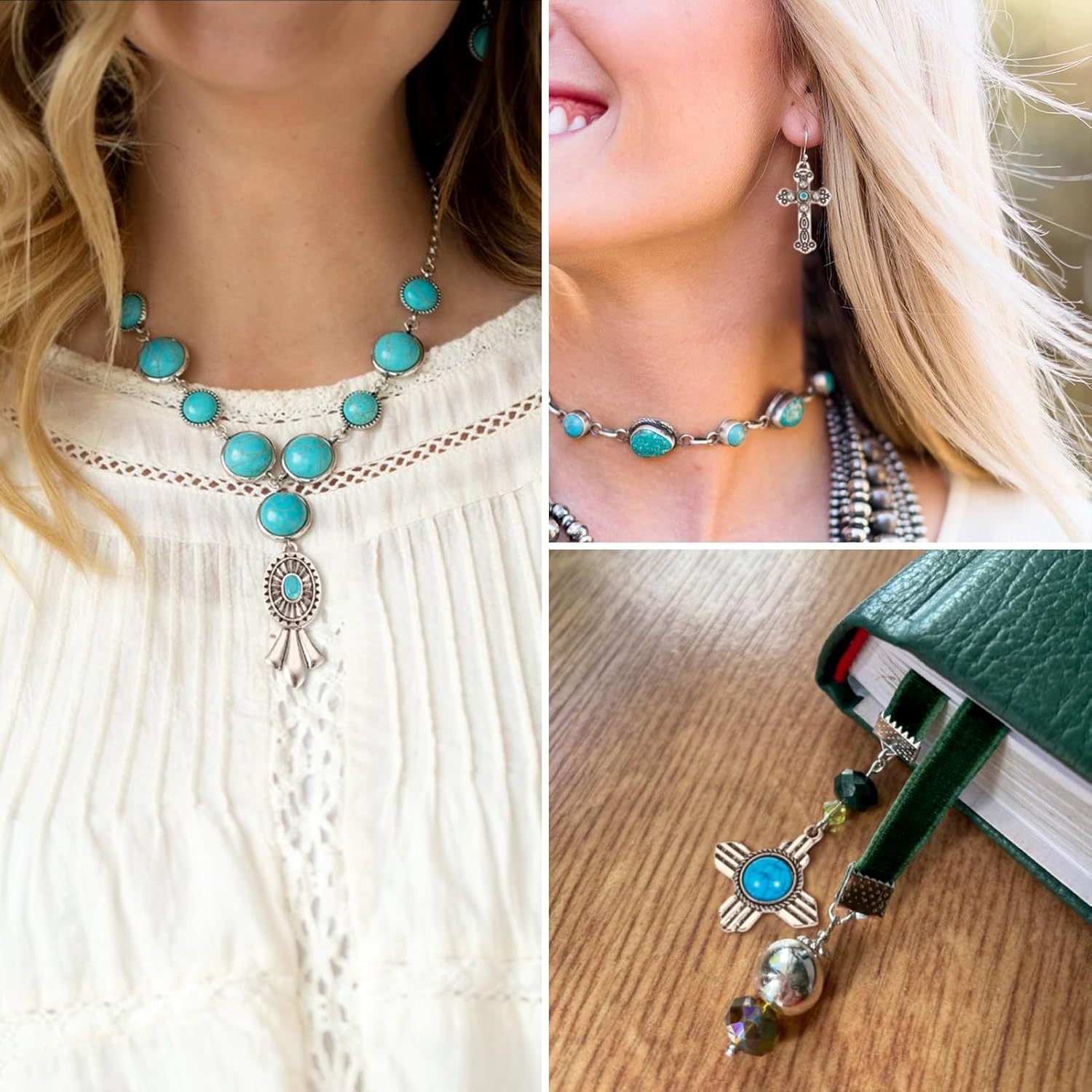 Beadthoven 48pcs Turquoise Charms Western Charms for Jewelry Making Tibetan Silver Turquoise Stone Pendants for Bohemian Earring Necklace Making DIY Crafts Summer - Image 3