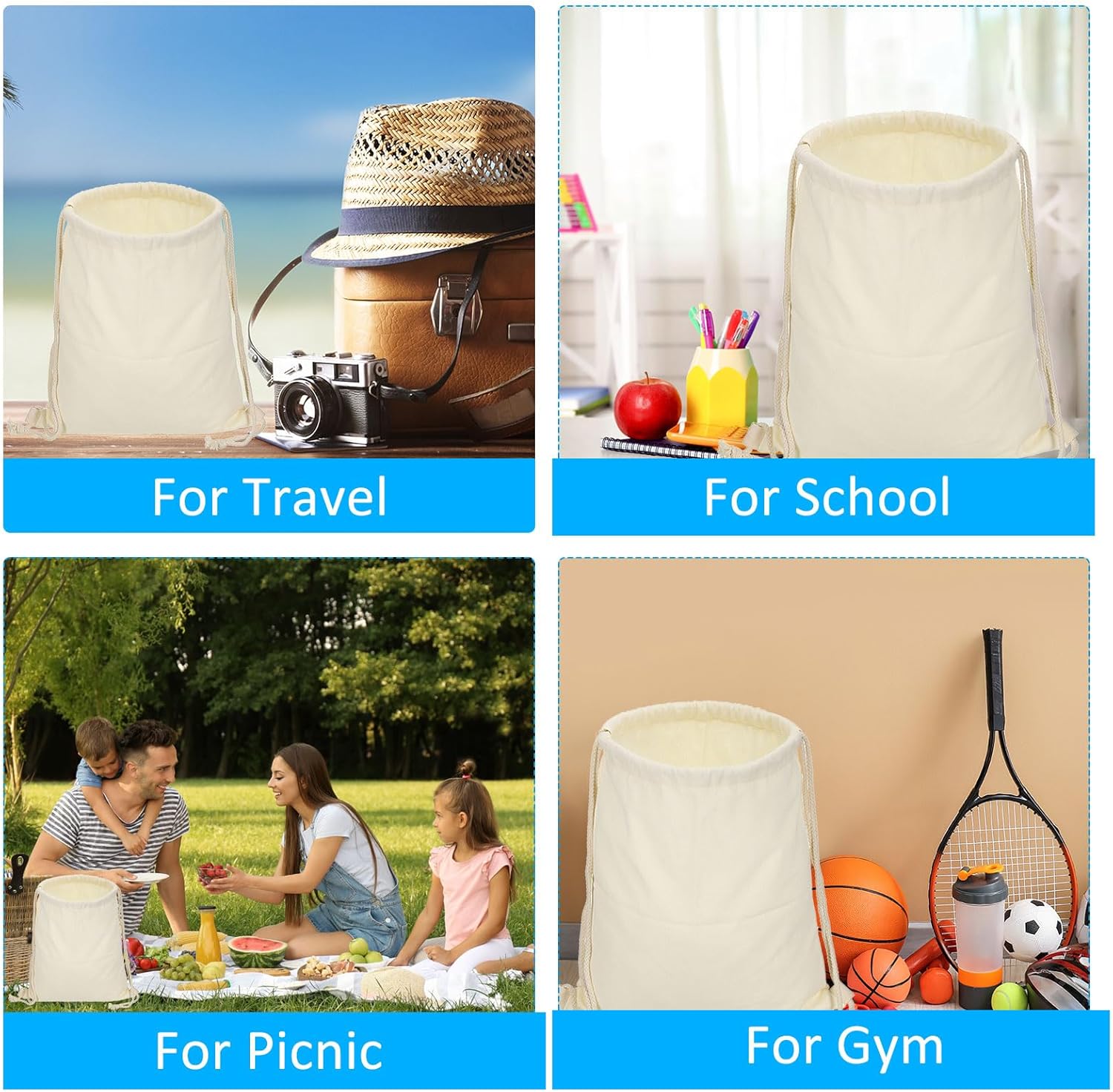 PATIKIL Cotton Drawstring Bags, Cotton Canvas Drawstring Backpack Foldable Sports Gym Bags for Women Men Gym Sports Trip, Beige - Image 6