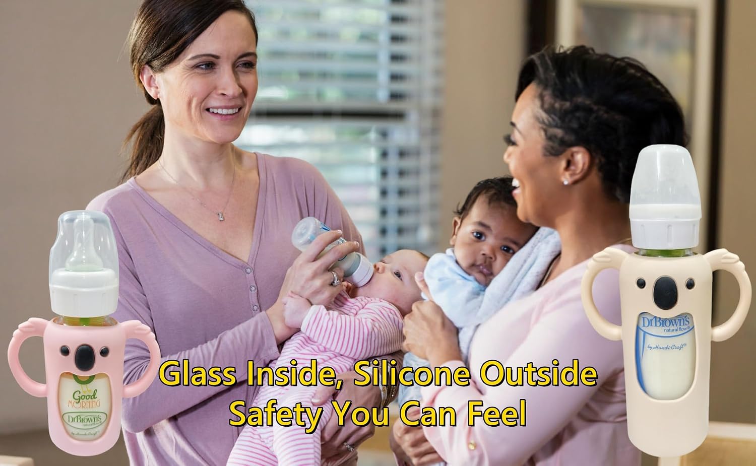 4 Pcs Silicone Sleeve Compatible with Dr. Brown Narrow Glass Baby Bottle 8 OZ/250 mL, Cute Koalas Shape Drop Protection Sleeves with Silicone Handles (4 Pink, 8 Ounce)