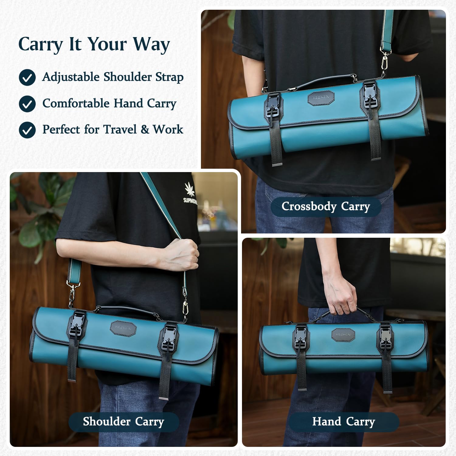 HEZHEN Bolsa para Cuchillos Profesional de Cuero(Sin Cuchillo)-Verde | Microfibra de Cuero,Correa Ajustable,9 Ranuras & 5 Bolsillos con Cremallera,Solapa Protectora-Viaje y Almacenaje