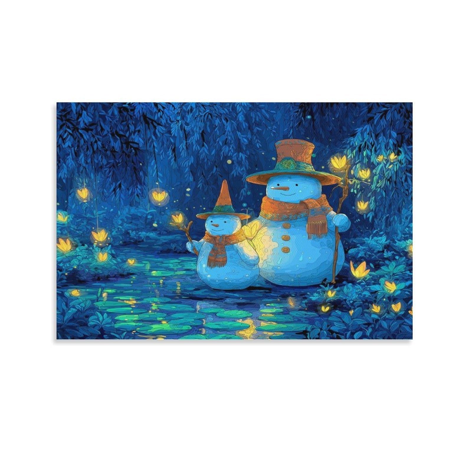 CPLVKWRQJ Snowman Couple Night Single Two Snowmen Glowing Lantern Forest Night Canvas Print - Office Wall Focal Art Fade Resistant Statement Piece Ready to Hang 16x24inch(40x60cm)