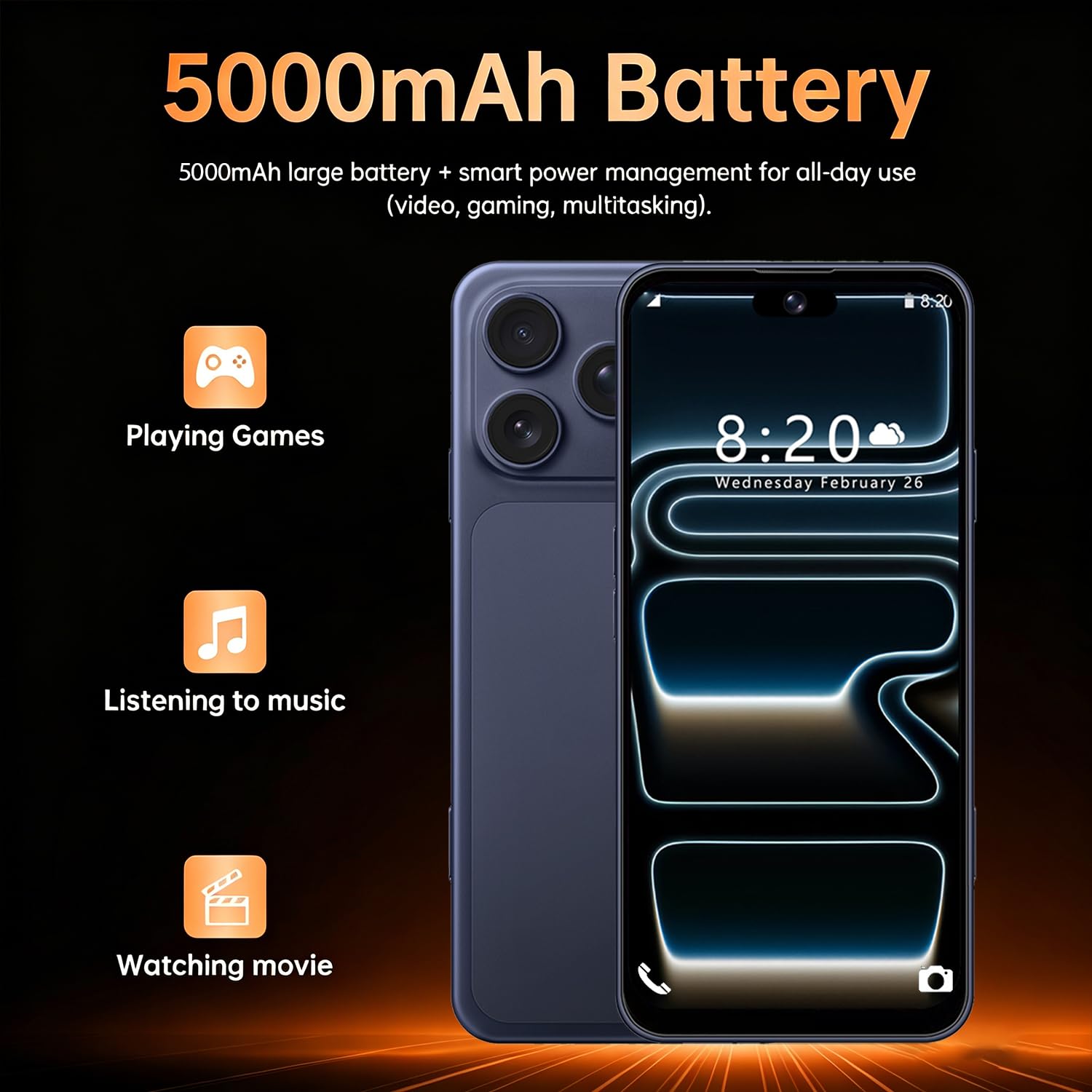 4G Dual SIM Smartphone mit 6,6 Zoll InCell HD-Bildschirm, 4GB+32GB Speicher (bis 256GB erweiterbar), 5000mAh Akku, 16MP Kamera & Face ID, Type-C & OTG Funktion (Orange)
