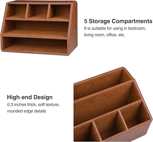 Miniatura 5 de MEIBOOCH Organizador de escritorio de cuero, soporte de control remoto de suministros de oficina de lujo con posavasos, se adapta a escritorio de