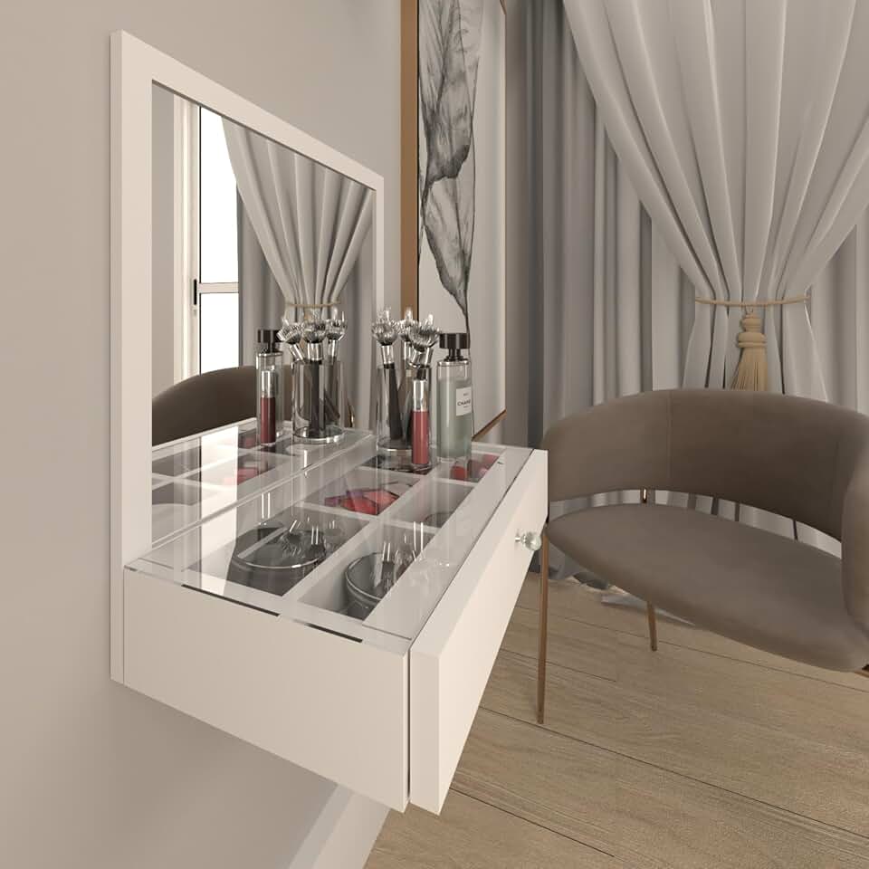 Penteadeira Sophia para Maquiagem e Joias Suspensa com Gaveta, Espelho e Tampo de Vidro 100% MDF