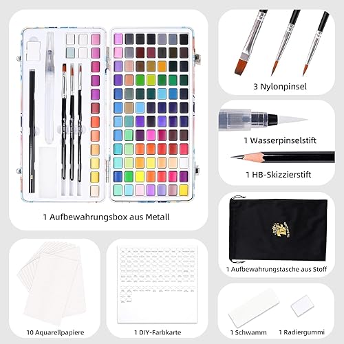 Miniatura 3 de TBC The Best Crafts Juego de pintura de acuarela de 100 colores para niños, estudiantes y artistas, aficionados, principiantes. El juego incluye