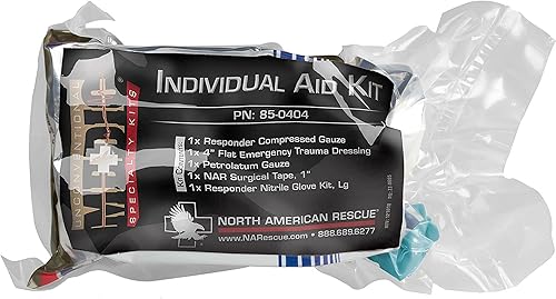 North American Rescue Kit de ayuda individual NAR - Primeros auxilios compactos con gasa comprimida, gasa de vaselina, ETD, guantes, cinta