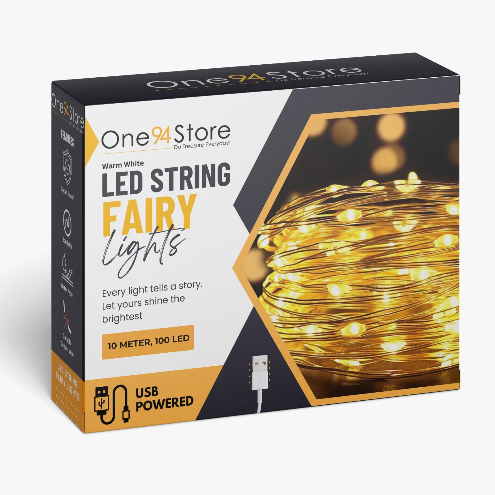 One94Store 10 Meter 100 LED's Fairy String Lights USB Powered Copper Wire LED Fairy Light for Diwali, Christmas, Festivals Indoors & Outdoors (Pack of 1, Warm White)