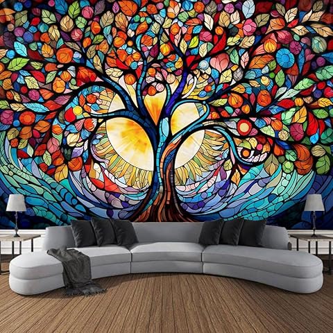 Tree of Life Wall Hanging Decor Tapestry with Stained Glass Colorful Wall Art Large Tapestry Mural Decor Photograph Backdrop Blanket Curtain Home Bedroom Living Room Decoration