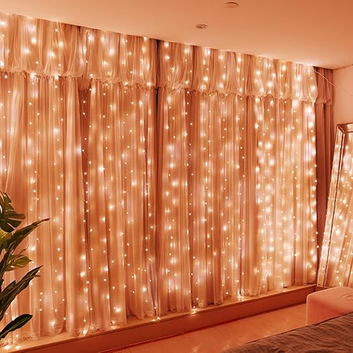 Miniatura 17 de HXWEIYE 300 luces LED de cortina de hadas, 9.8 x 9.8 pies, enchufe USB, 8 modos de luces colgantes de Navidad con control remoto para dormitorio