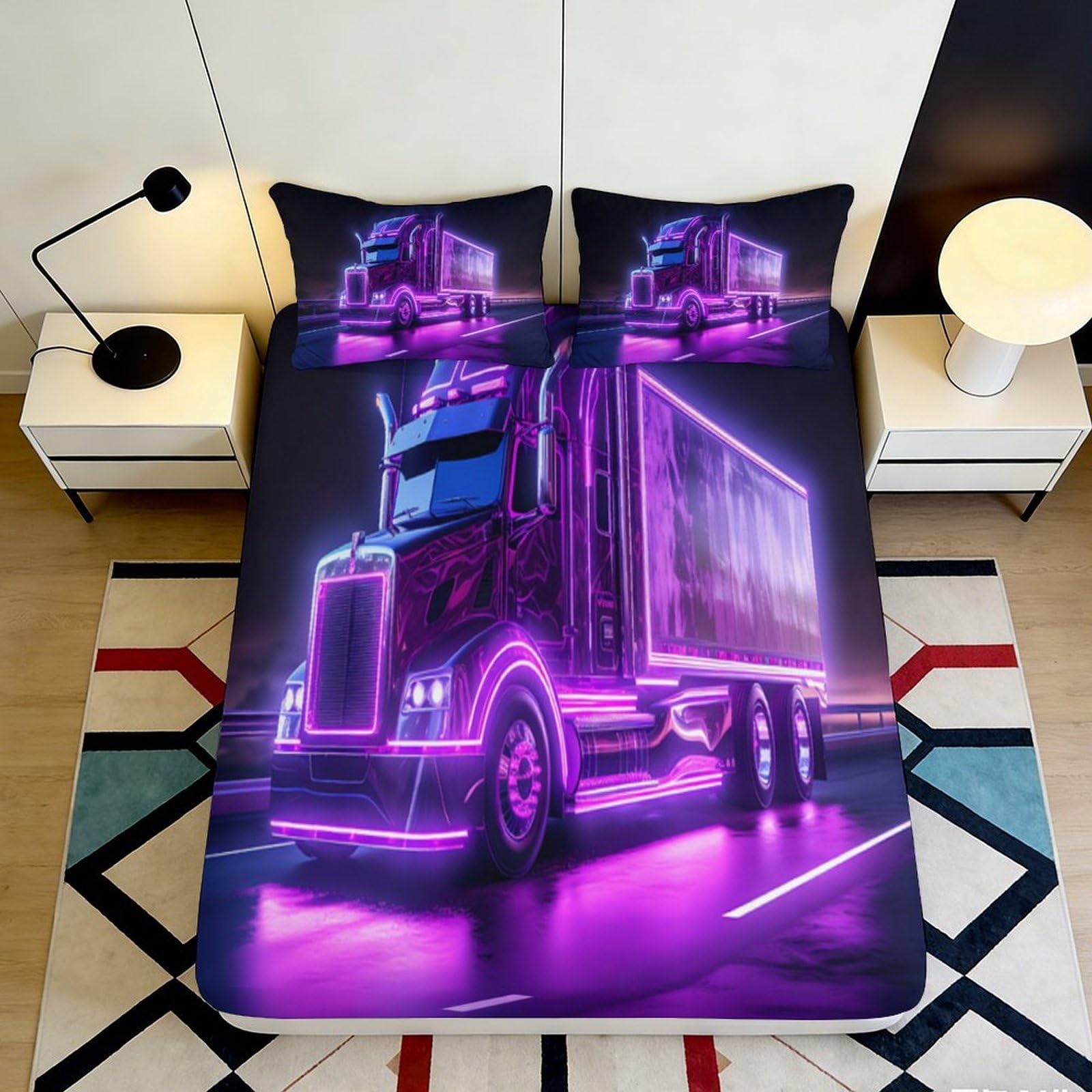 3D Printed Neon Truck Fitted Sheet Microfiber Soft Purple Road Night Bed Cover for Bedroom Guestroom Mattress Decor 90x200x25cm