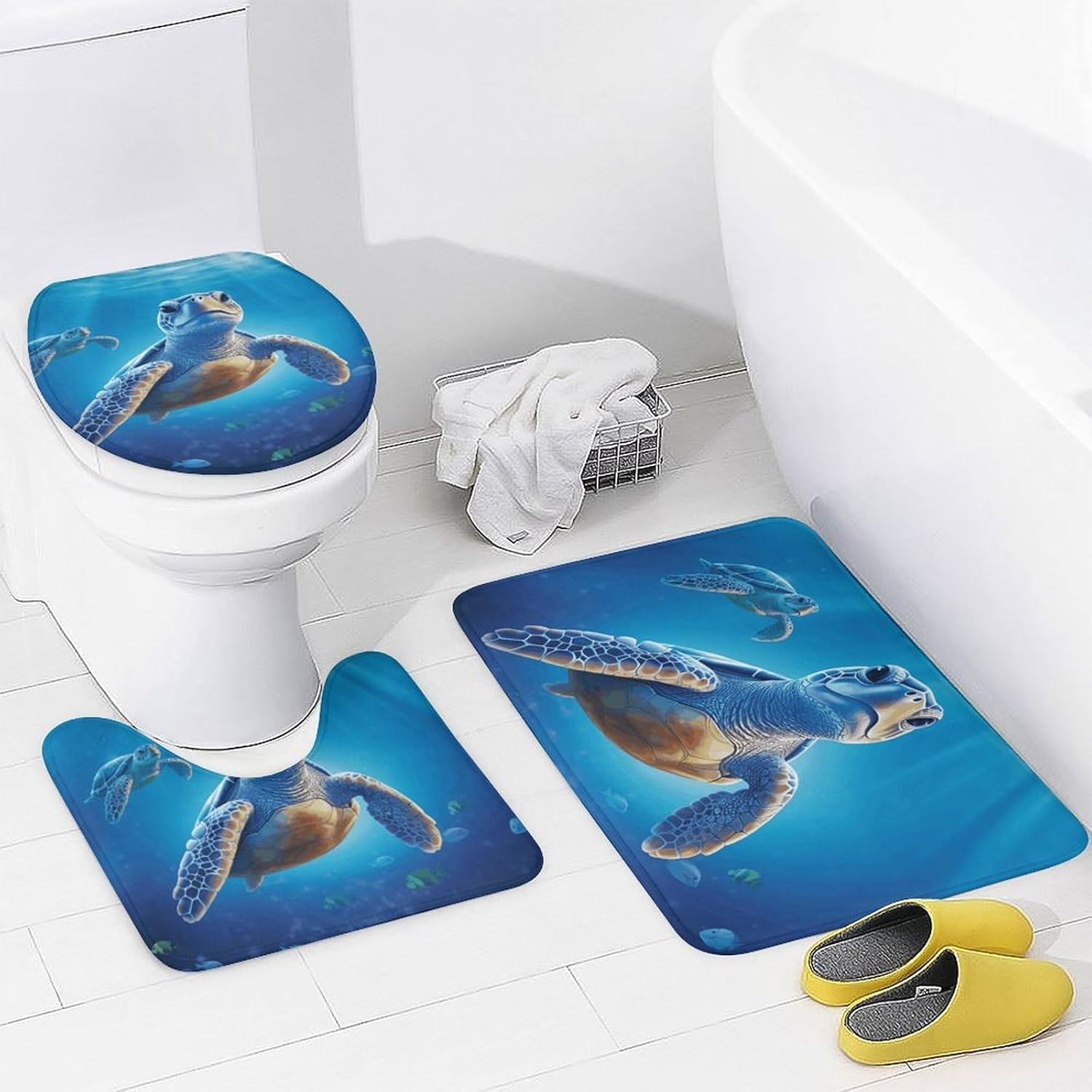 Turtle in Blue Water Shower Curtain Set 4 Piece, Non-Slip Bath Mat with Toilet Lid Cover and Waterproof Shower Curtain with 12 Hooks, Complete Bathroom Set for Home Decor