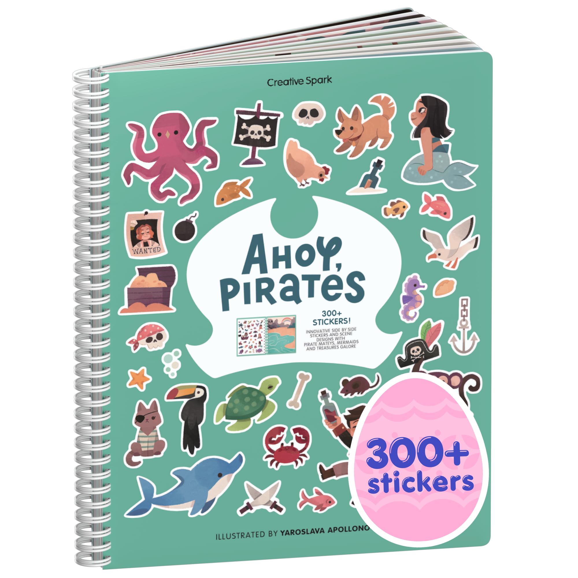 Cupkin Pirate Sticker Book Activity for Kids, Toddler Airplane Travel Essentials, 300+ Pirate Stickers for Kids + 8 Scenes + 8 Coloring Book Pages,