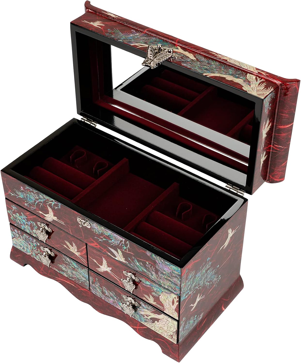 February Mountain Mother-of-Pearl Inlay Jewelry Box with Crane Design - Velvet Interior, Red Lacquer Finish, Elegant Gift for Women, Jewelry Organizer with Mirror - Handcrafted in Korea