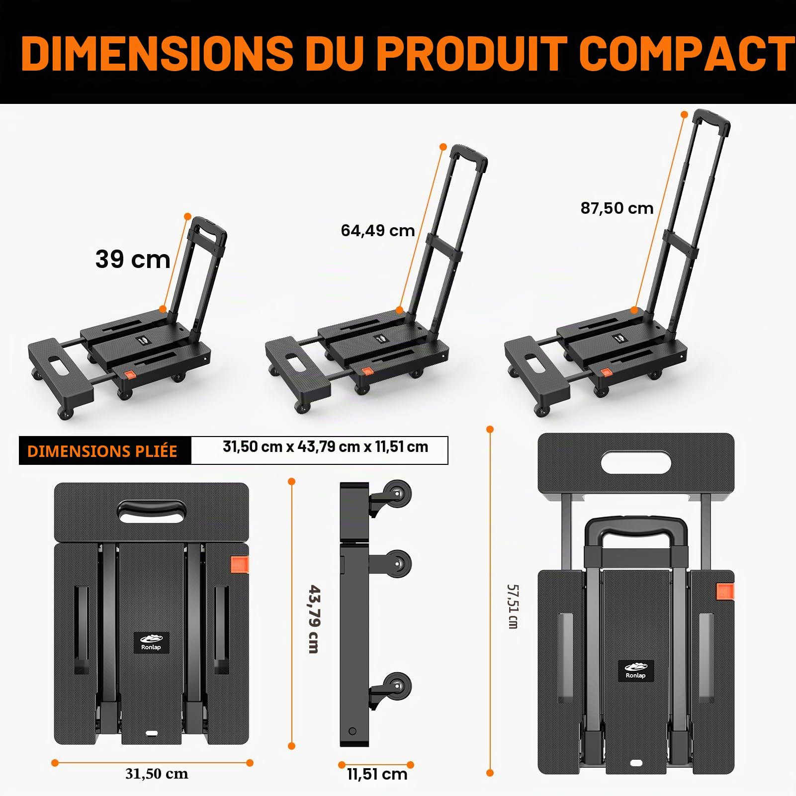 Ronlap Diable Pliant, Chariot à Main Pliable à 6 Roues avec 2 Cordes élastiques, Chariot à Bagages Robuste Portable d'une capacité de 225 kg, pour Transporter des Bagages, Noir
