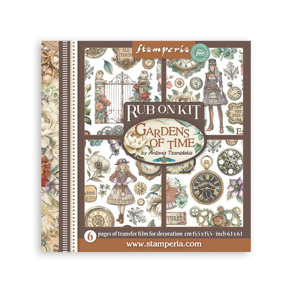 Stamperia - Rub-on Kit for Scrapbooks, Albums, Cards, Bullet Journals and More, Easily Transfer Images onto Paper and Other Surfaces, Perfect for Crafts and Gifting (6 Pages) (Gardens of Time)