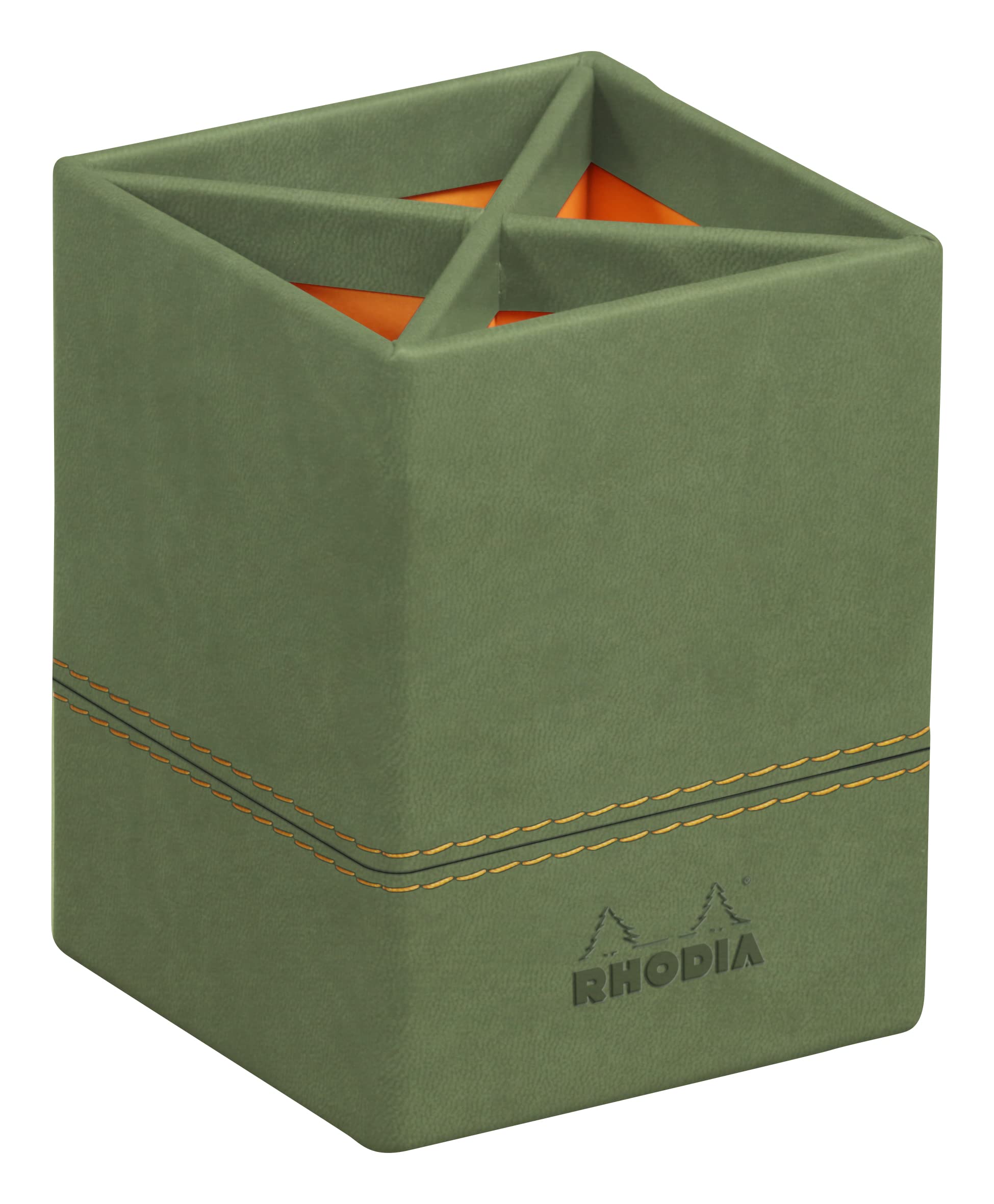 RHODIA 194530C, Sage Pencil Pot, 8x8x11 cm, Orange Saddle Stitching, Faux Leather Exterior, Home Office Collection Rhodiarama