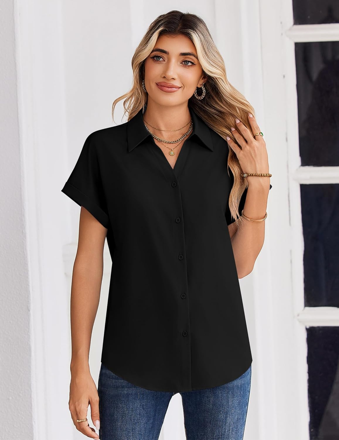 Zeagoo Womens Tops Short Sleeve Shirts Button Down Casual Blouses V Neck Outfits Summer Spring Clothes 2026 - Image 5