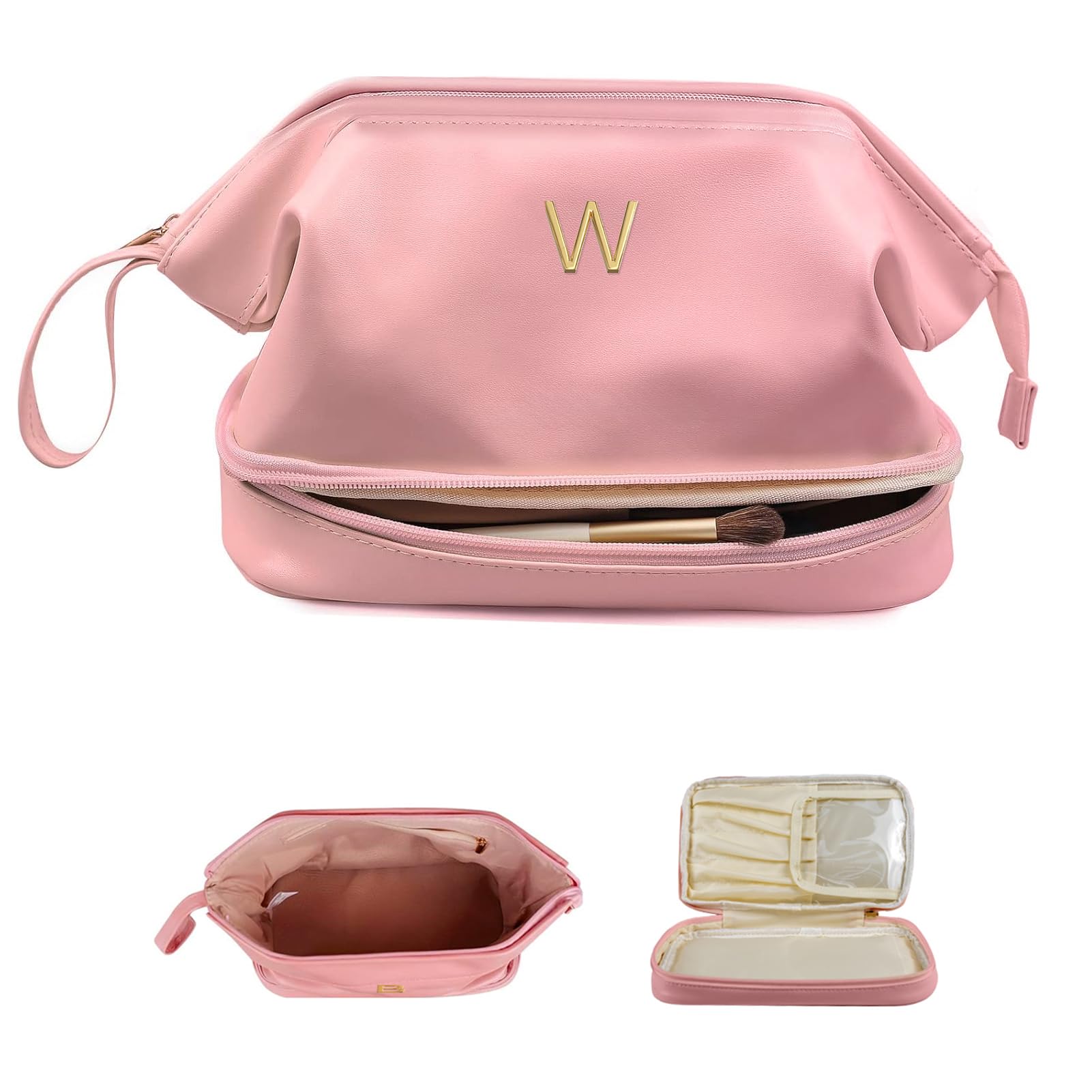 VogewoodInitial Large Makeup Bag, Personalized Double Layer Cosmetic Bag with Makeup Brush Organizer, Waterproof, Large Capacity PU Leather Travel Toiletry Bag, with 2 Drawstring Toiletry Organizers,