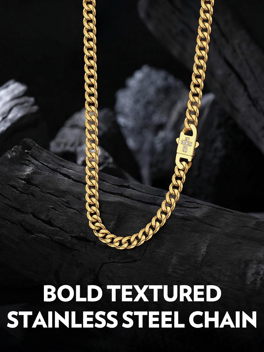 Bandmax 14K Gold Plated Black Stainless Steel Cuban Link Chain Necklace for Men Women, Cross White Zircon Clasp, 6/9/12MM Width, 18-30 Inch Length, Ideal Gift for Son Husband Father