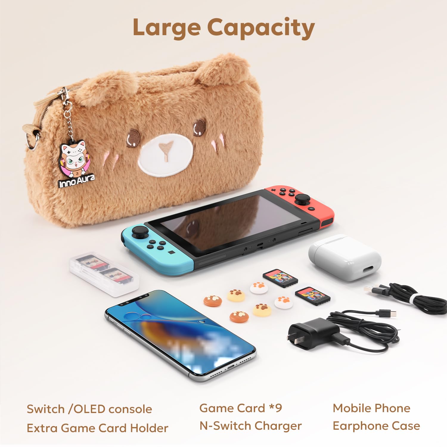 Étui innoAura pour Switch, Ensemble d'accessoires 16-en-1 avec Housse de Transport, Protecteur d'écran et Capuchons pour Pouces (Ours Brun)
