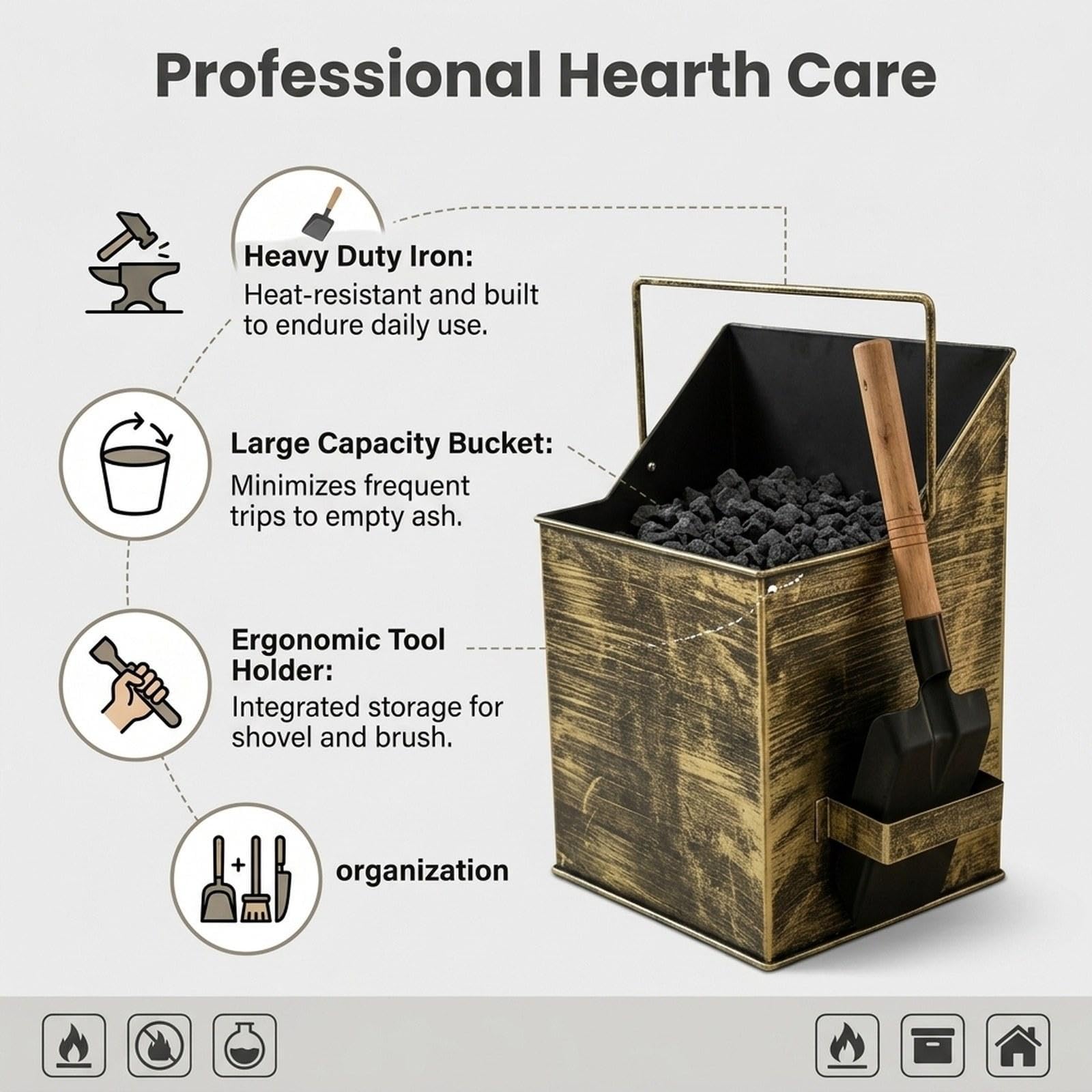 Cubo para Cenizas con Tapa para Horno, Contenedor de Cenizas, Hierro Robusto Y Resistente Al, Abertura Inclinada, Pala de Bronce, Individual
