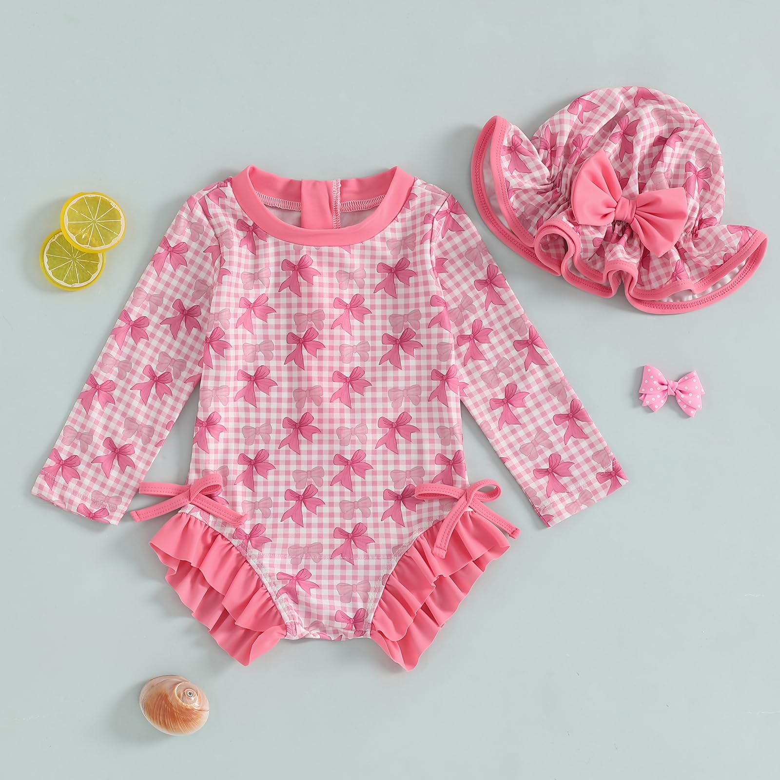 Infant Baby Girl Swimsuit Bow Print Long Sleeve Zipper One Piece Bathing Suit with Sun Hat Swimwear Rash Guard(Rose,2-3T)
