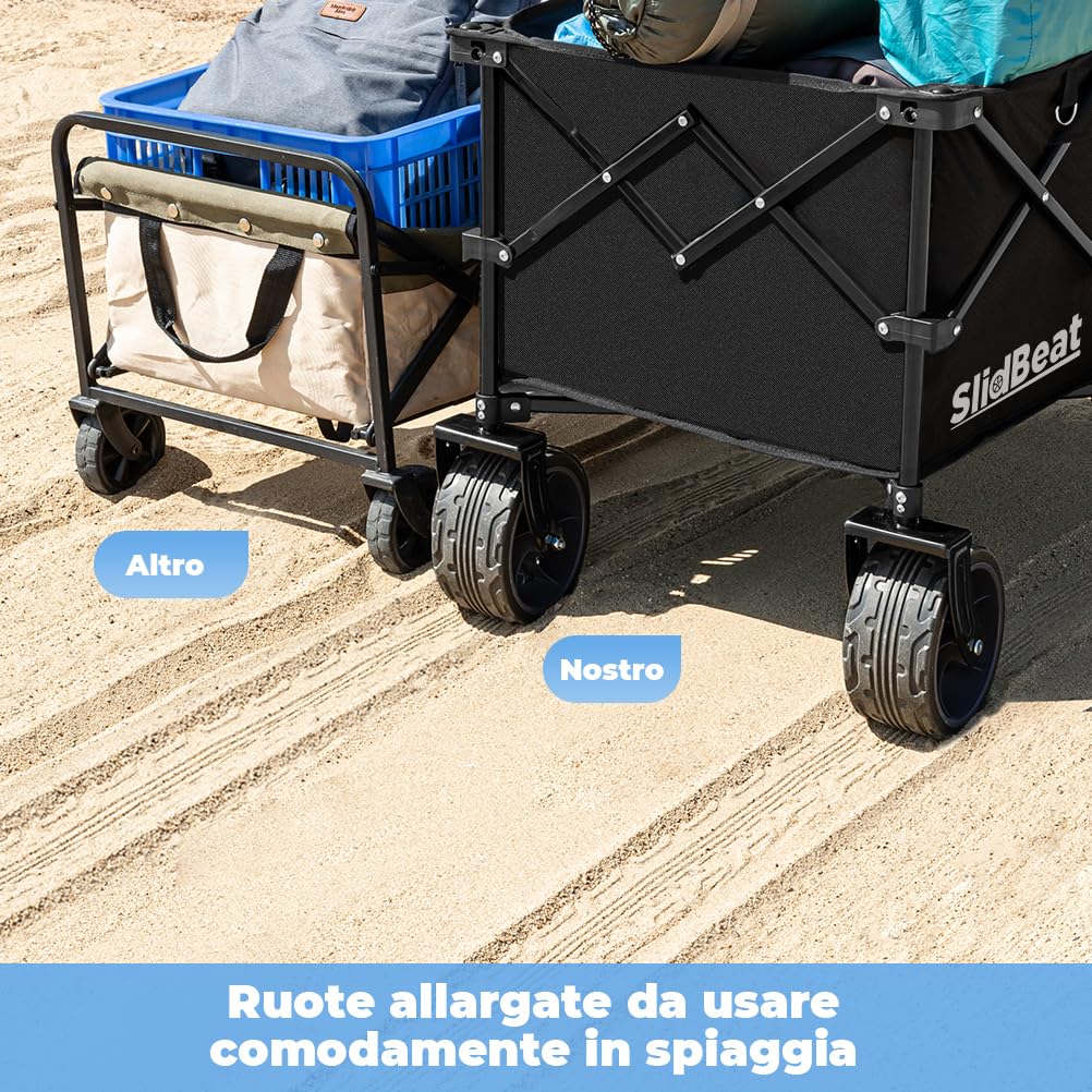SLIDBEAT - Carrello da Giardino Pieghevole 220L, Carrello Spiaggia con Ruote Grandi, per Rimorchio per Giardino da Campeggio all'aperto Ogni Tipo di Terreno, Portata fino a 150kg