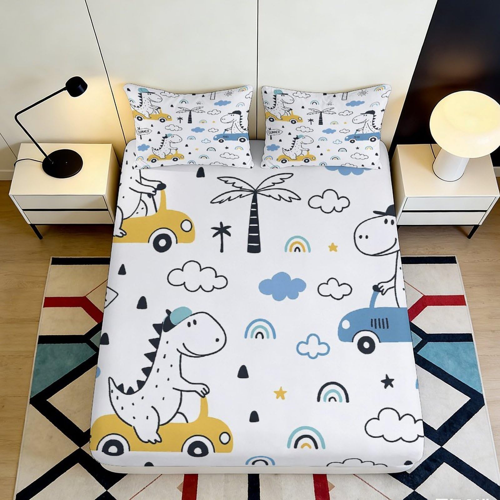 3D Printed dinosaur car fitted sheet, soft touch microfiber, wrinkle resistant, home decor, guest room bedding, anti-slip, easy care, stylish accent, mattress cover 180x200x25cm