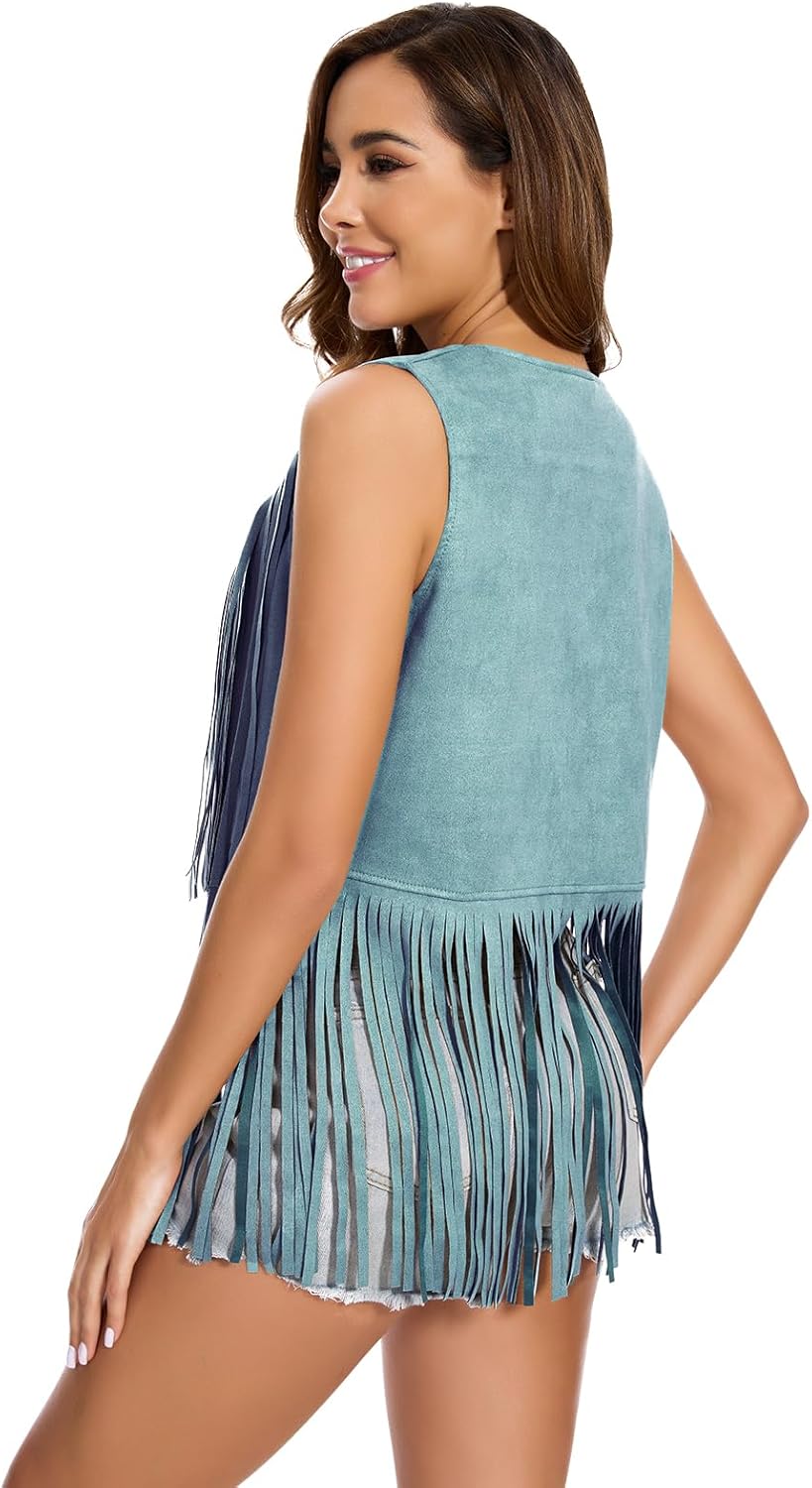 Women's Fringe Vest 60s 70s Hippie Vest Sleeveless Cowgirl Western Faux Suede Tassel Leather Jacket Hippie Party - Image 4
