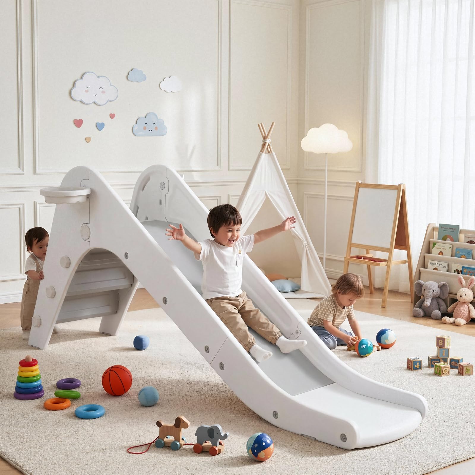 Scivolo per Bambini 190cm con Canestro da Basket, Scivolo per Bambini da Casa Interno, Plastica Scivolo da Giardino con Maniglie e Scale, 1-5 Anni, Grigio e Bianco