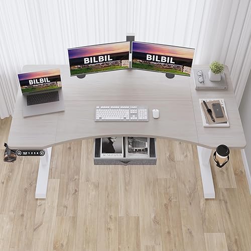 Miniatura 2 de bilbil Escritorio eléctrico de pie con motor dual de 63 x 30 pulgadas con cajón, escritorio de altura ajustable con 4 tablas de empalme, escritorio