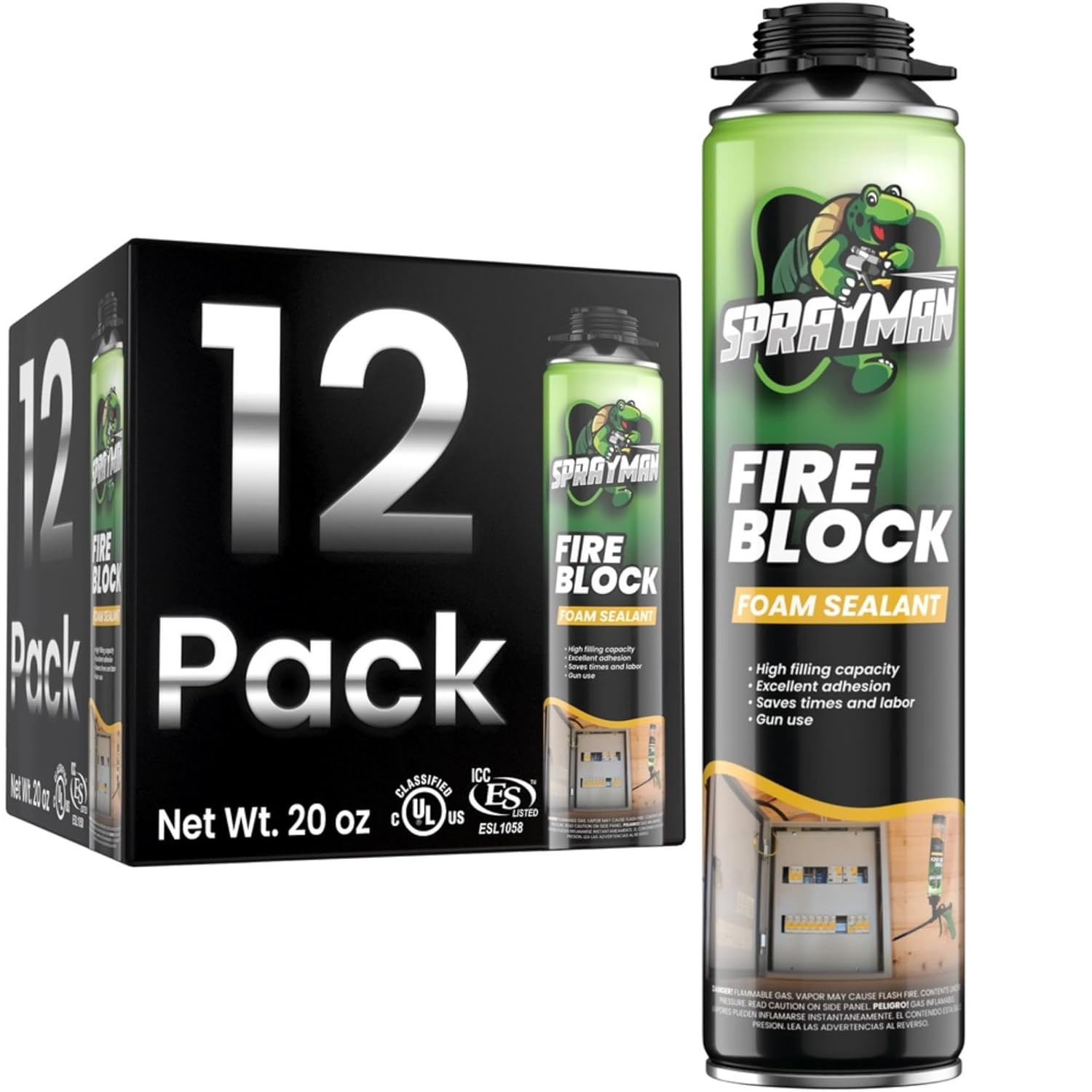 Sprayman Orange Fire Block Expanding Spray Foam - (12x20oz) Professional Gun Use Polyurethane Spray for Electrical Outlets & Water Pipes, B2 Fire Rated Foam - Gun Not Included - 12 Pack