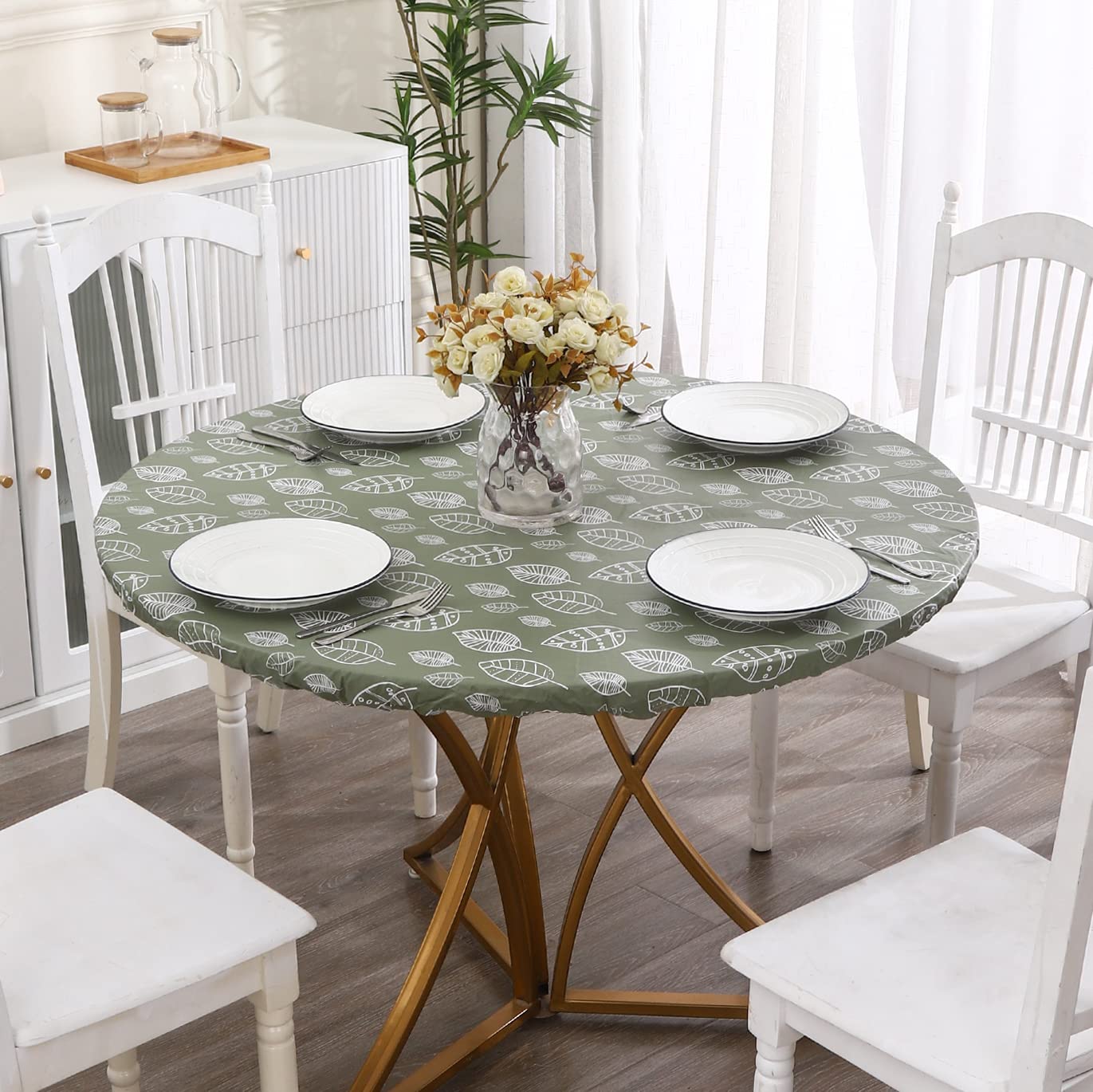 Walrus Round Vinyl Fitted Tablecloth with Flannel Backing Elastic Edge Design Table Cover Waterproof Oil-Proof PVC Table Cloth Stain-Resistant Wipeable for Round Table - Image 4