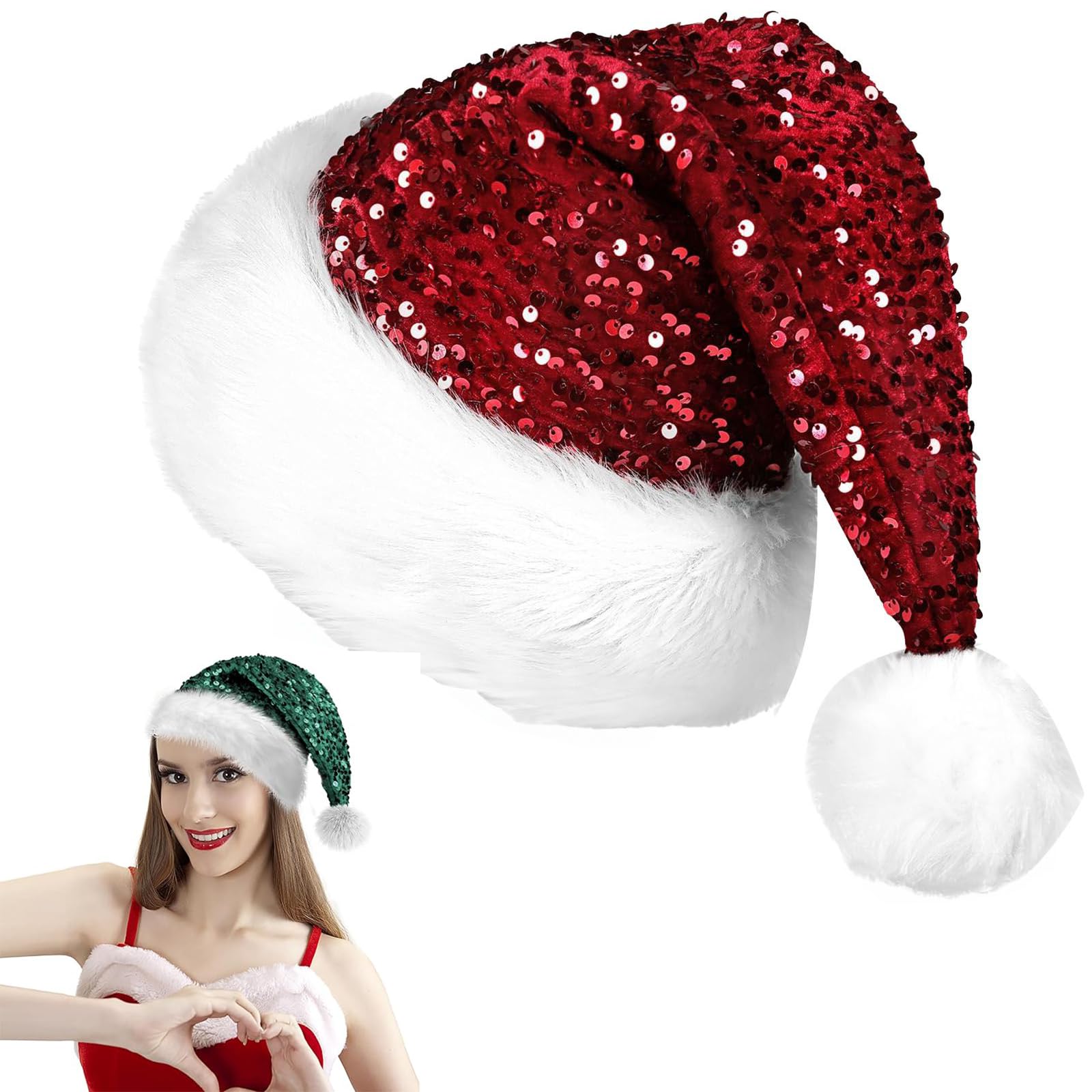 Red Sequined Santa Hat, Shiny Unisex Soft Plush Deluxe Xmas Santa Claus Velvet Comfy for Fancy Dress Christmas New Year Party