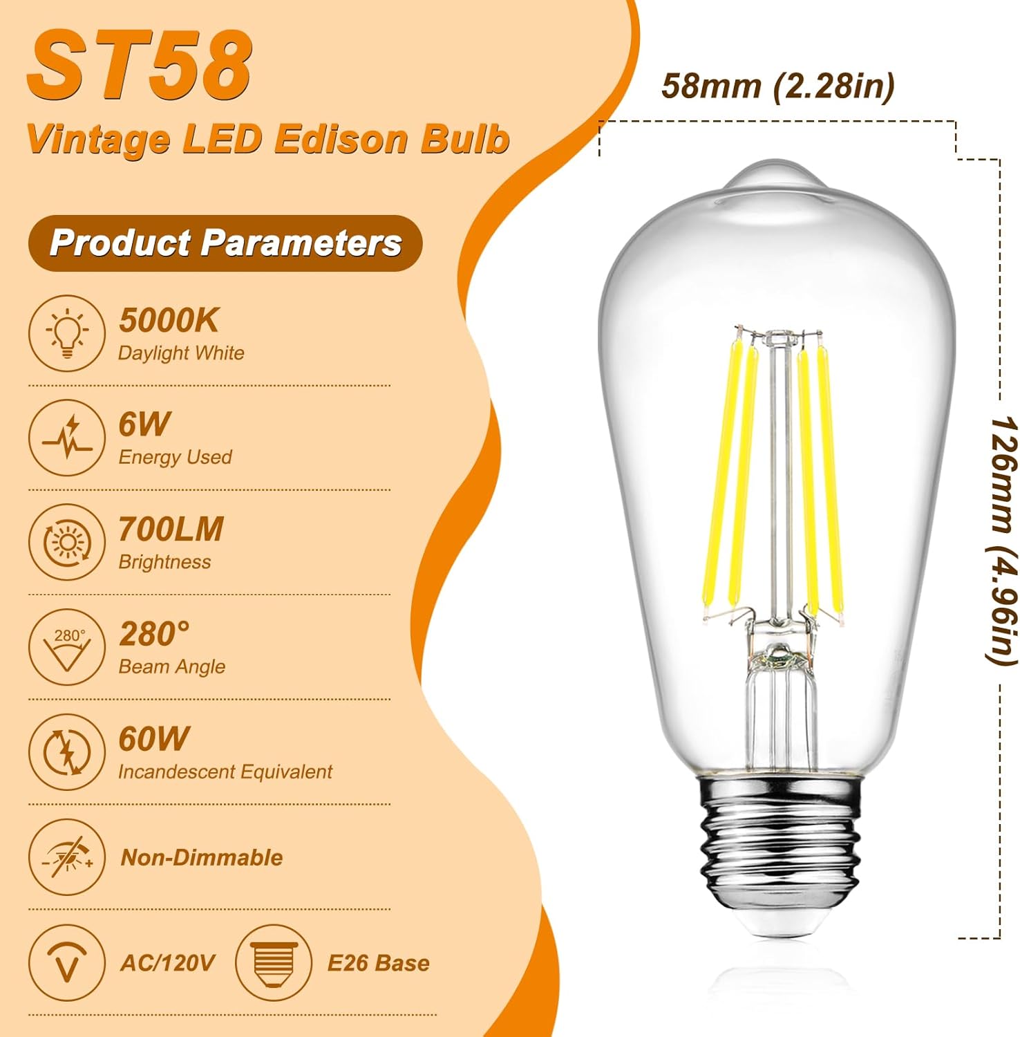 ascher vintage led edison bulbs, 6w, equivalent 60w, non-dimmable, daylight 5000k, 700lumens, st58 antique led filament bulbs with 80+ cri, e26 medium base, clear glass, pack of 12 daylight 5000k 12 count (pack of 1)