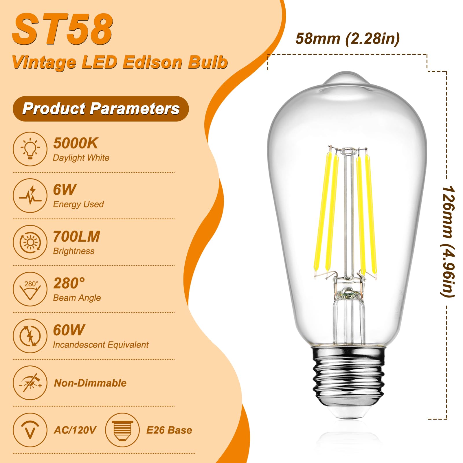 Ascher Vintage LED Edison Bulbs, 6W, Equivalent 60W, Non-Dimmable
