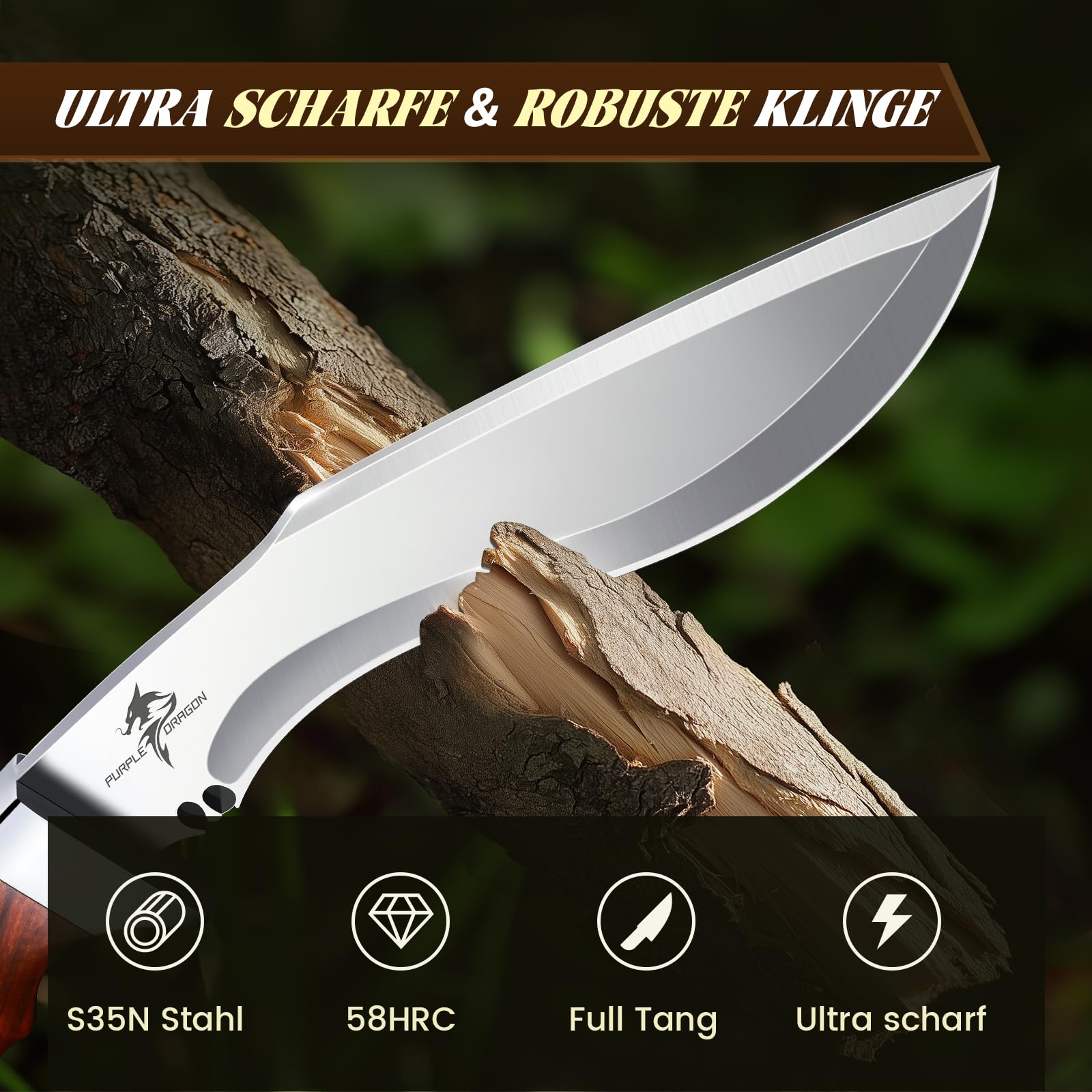 Purple Dragon Coltello Grande con Fodero - Lama Fissa - Affilata Lama da Campeggio con Impugnatura in Legno Tang Pieno per Uomini