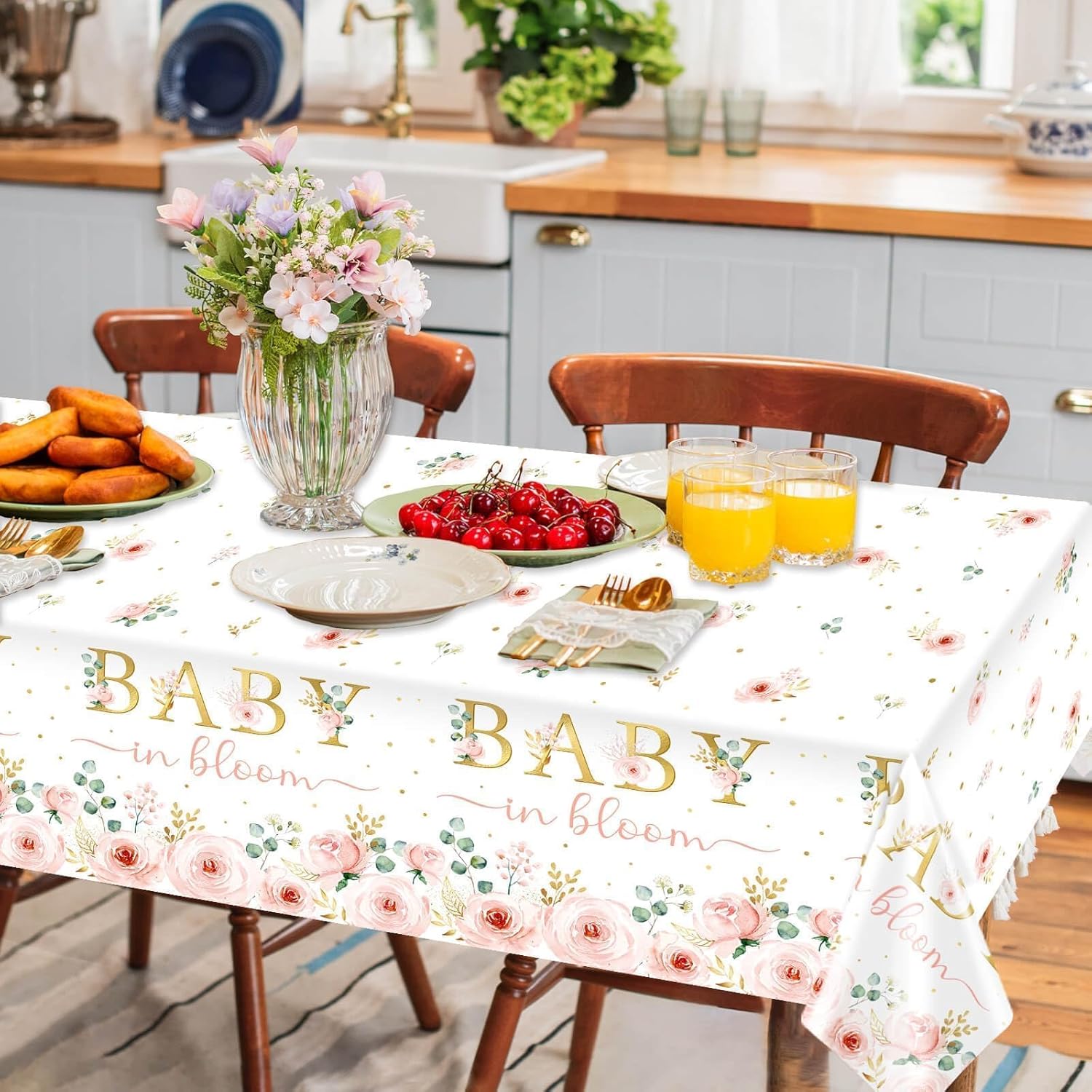 Baby in Bloom Disposable Plastic Tablecloth 3pcs Pink Watercolor Floral Baby Shower Table Cover Spring Party Supples and Decorations for Baby Girls