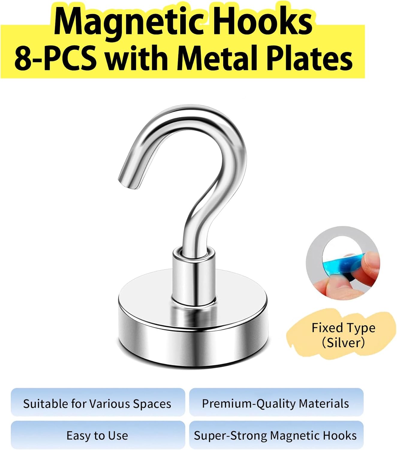 Heavy Duty Magnetic Hooks, Strong Neodymium Magnet Hooks with Adhesive Metal Plates, No Drill Wall Hanger, Multi-Purpose for Cruise Cabin, Refrigerator, Grill, Garage, Cubicle & Christmas Decor
