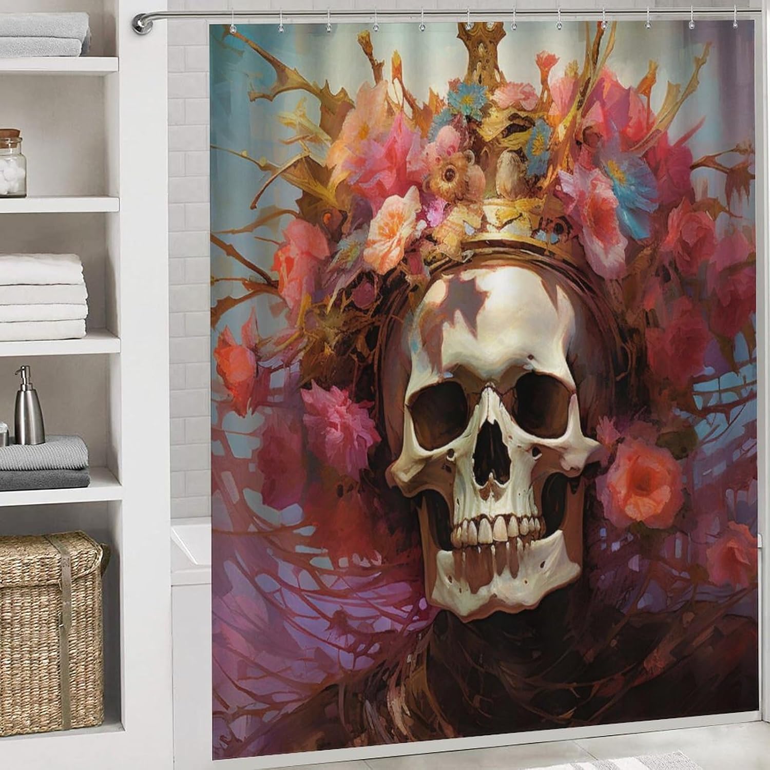 Watercolor Skull Shower Curtain Set for Bathroom, 4Pcs Flowers Vintage Skeleton Bathroom Sets with Shower Curtain, Non Slip Rugs, Toilet Lid Cover, Bath Mat, Bathroom Decor