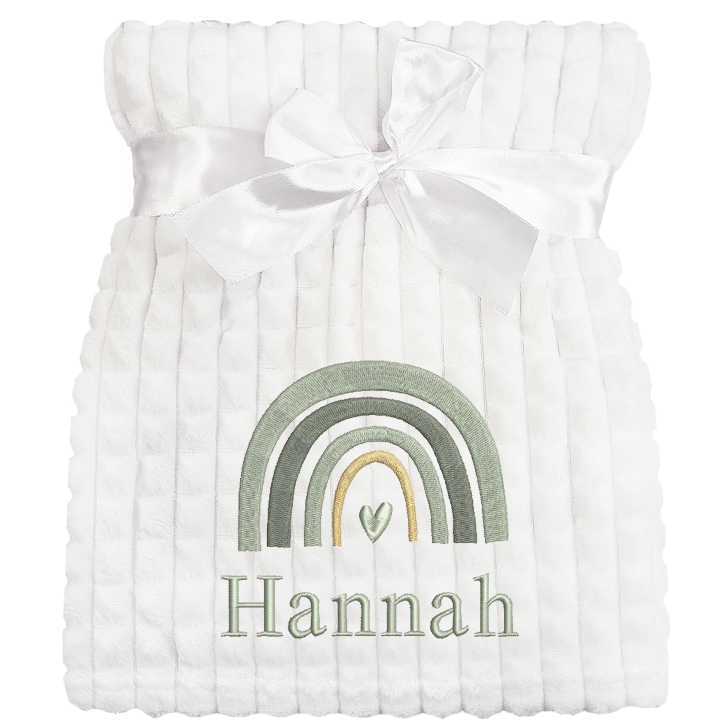 Personalised Baby Blanket Embroidered Rainbow & Name Soft Fleece Wrap (Grey Rainbow White Squares)