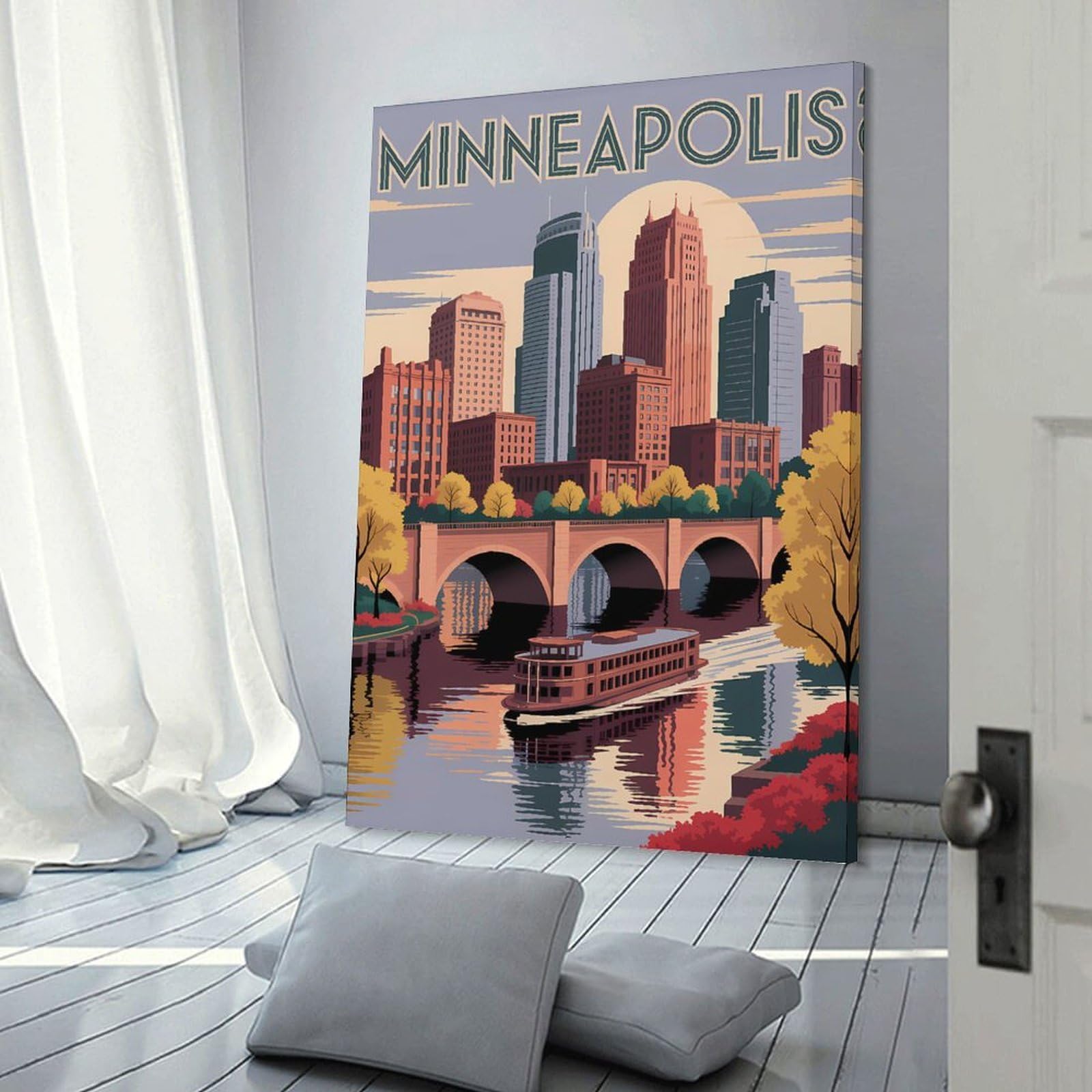 Junmoney Home Decor Wall Art Minneapolis Skyline with Riverboat, 20x30inch(50x75cm), for New Homes, Bedrooms Or Workspaces, Decorative Present for New Homes